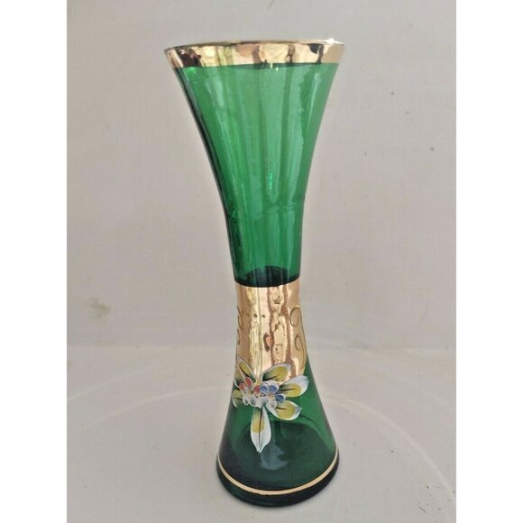 Bohemia Art Glass Vase Hand Blown - Gold Gilded- Enamel Florals 7" Tall - Picture 9 of 11